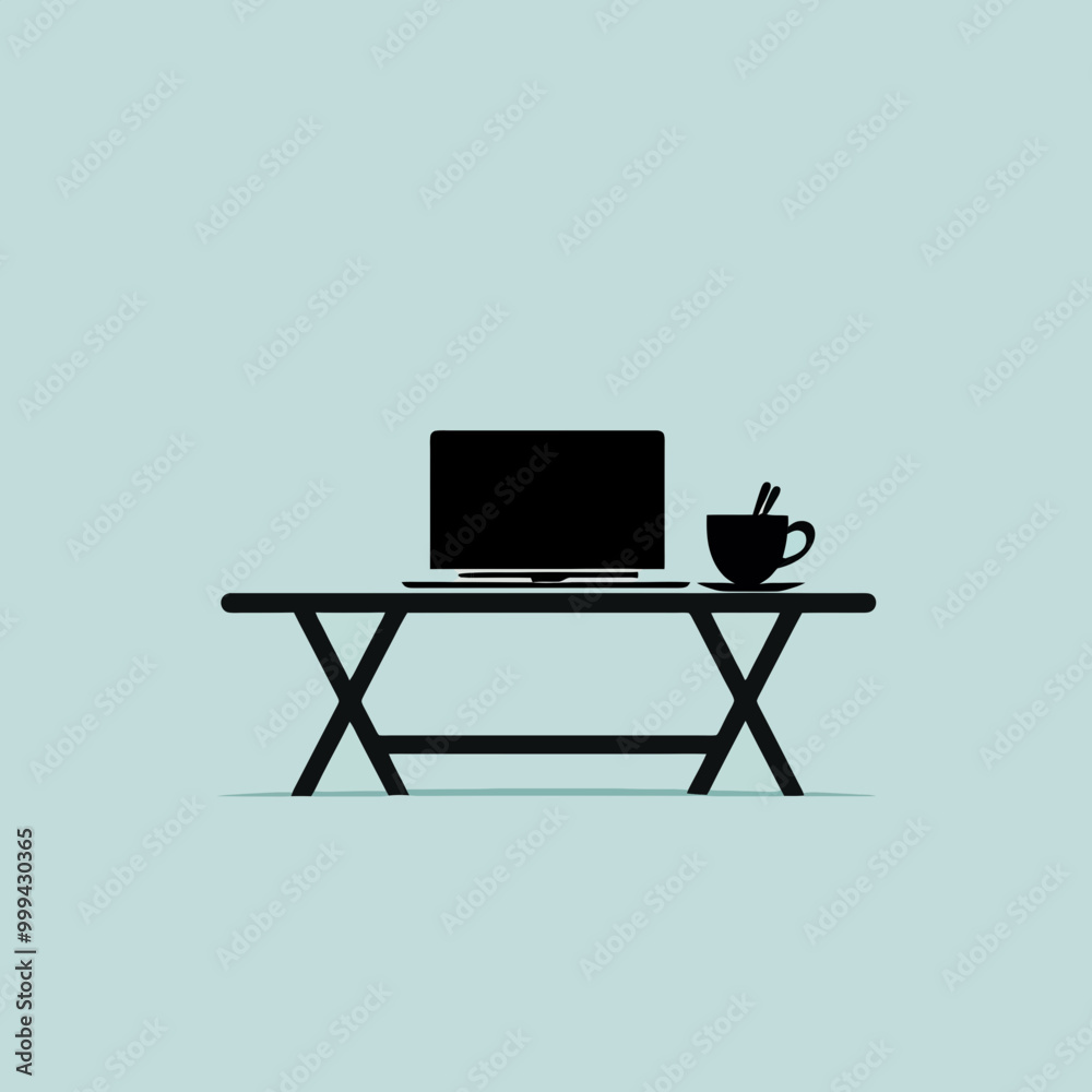 Fototapeta premium Illustration of a modern workspace featuring a laptop on a desk with a coffee cup, symbolizing productivity and remote work in a stylish setting.
