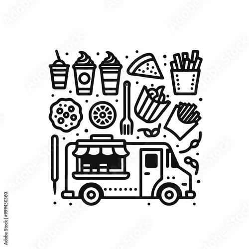 Illustration of a food truck serving various snacks, representing the vibrant street food culture and culinary experiences on wheels.