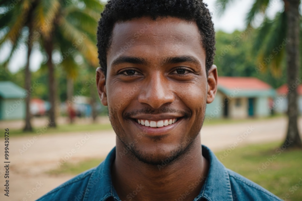 Close portrait of a smiling young Belizean man looking at the camera, Belizean outdoors blurred background
