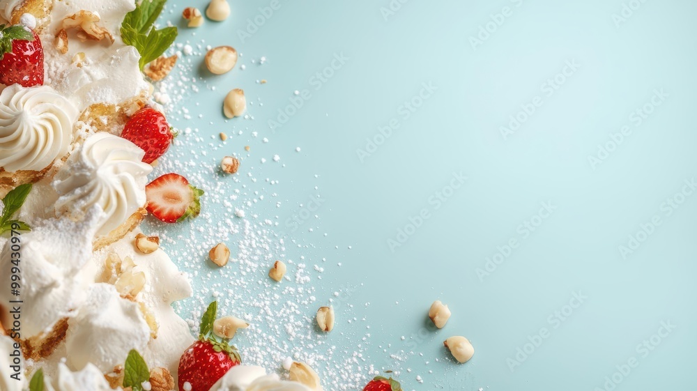 Delicious dessert with fresh strawberries, whipped cream, and nuts on a light blue background, perfect for sweet treats. Delicious dessert with fresh strawberries, whipped cream, and nuts on a light blue background, perfect for sweet treats.