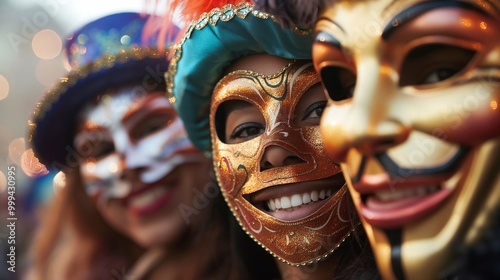 Three friends having a blast at a lively party, wearing vibrant venetian masks and sharing laughs, surrounded by a dancing crowd, colorful confetti, and bright lights