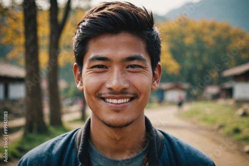 Close portrait of a smiling young Bhutanese man looking at the camera, Bhutanese outdoors blurred background