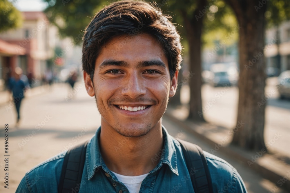 Close portrait of a smiling young Bolivian man looking at the camera, Bolivian outdoors blurred background Close portrait of a smiling young Bolivian man looking at the camera, Bolivian outdoors blurred background