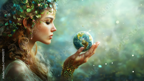 Mother Earth holding the world embodying care and stewardship over planet.