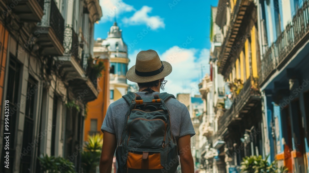 A man with a backpack walks down a narrow street in a city. A man with a backpack walks down a narrow street in a city.