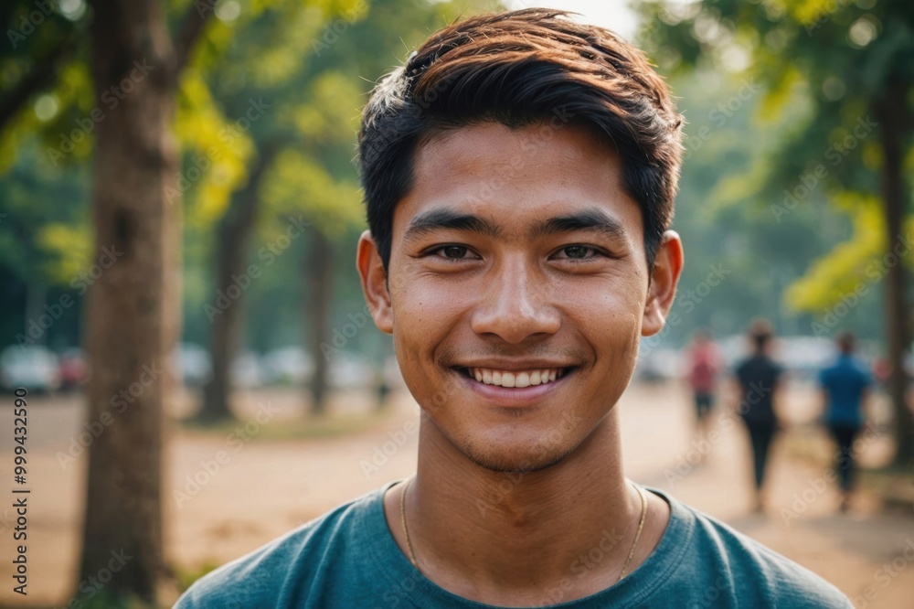 Close portrait of a smiling young Burmese man looking at the camera, Burmese outdoors blurred background Close portrait of a smiling young Burmese man looking at the camera, Burmese outdoors blurred background