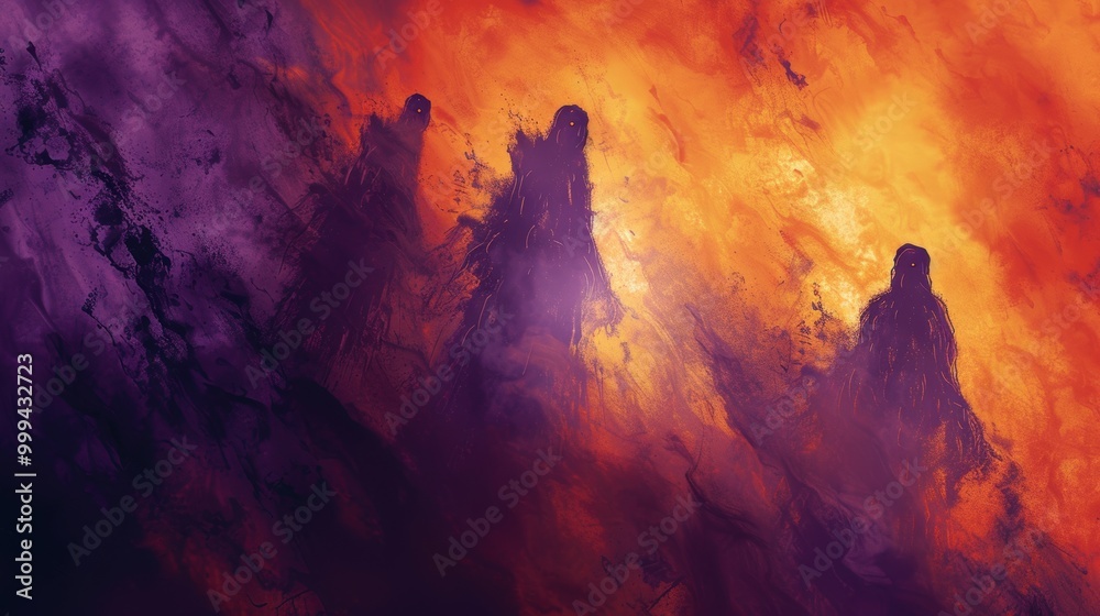 Spooky Abstract Halloween Background with Purple and Orange Mist and Ghostly Figures in the Shadows Spooky Abstract Halloween Background with Purple and Orange Mist and Ghostly Figures in the Shadows