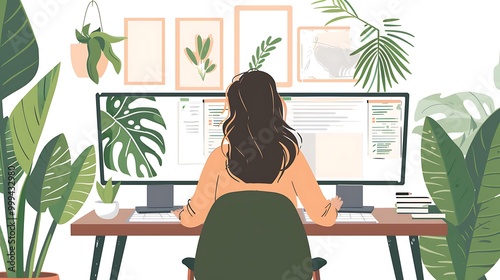 A person working at a computer surrounded by plants in a cozy workspace.