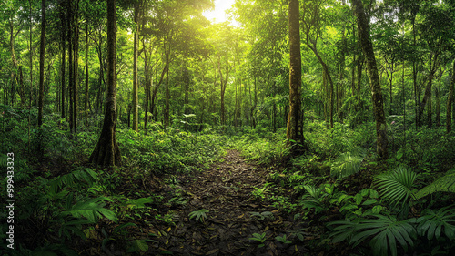 Wallpaper Mural Lush green forest path with sunlight filtering through dense trees in the early morning Torontodigital.ca