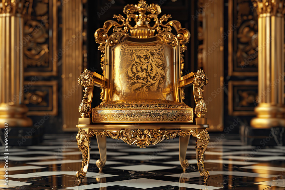 Fantastically beautiful throne of power of king or queen in throne room for coronation Fantastically beautiful throne of power of king or queen in throne room for coronation