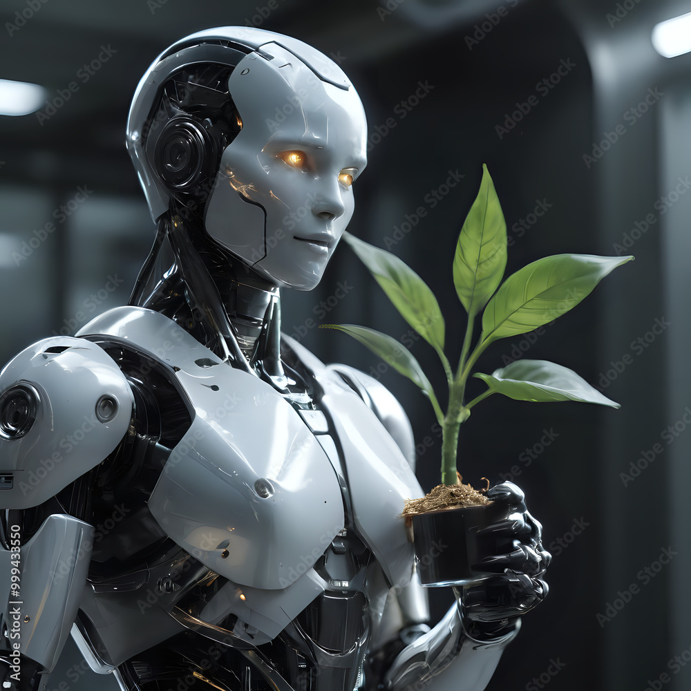 Fototapeta premium a close up of a robot holding a plant in its hand