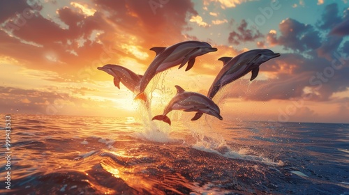 Joyful Dolphins Leaping at Sunset Over a Vibrant Ocean - Perfect for Marine Life Posters and Cards