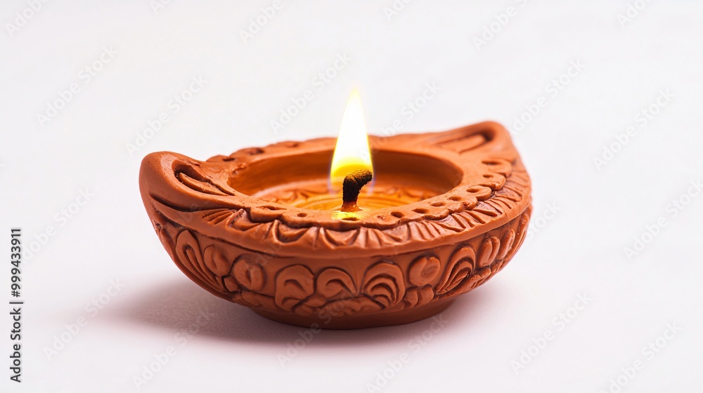 Clay Diya Oil Lamp with Flame on White Background Clay Diya Oil Lamp with Flame on White Background