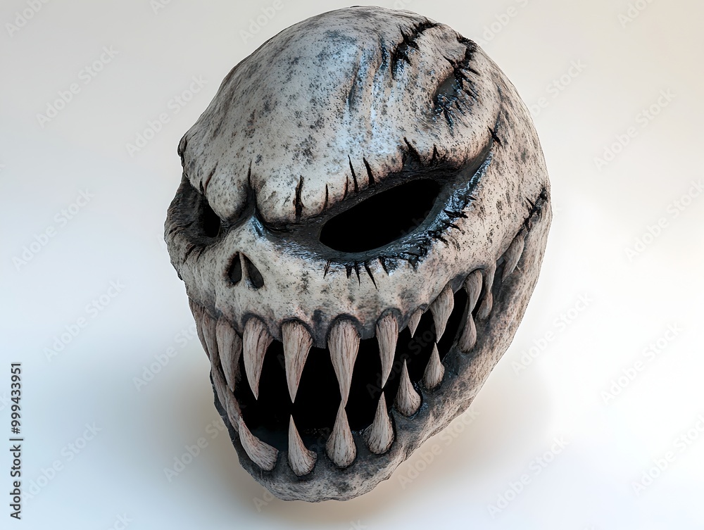 Naklejka premium Twisted and Gnarled Supernatural Spooky Halloween Mask with Jagged Teeth and Sunken Eyes 3D Rendered in Detail against White Background