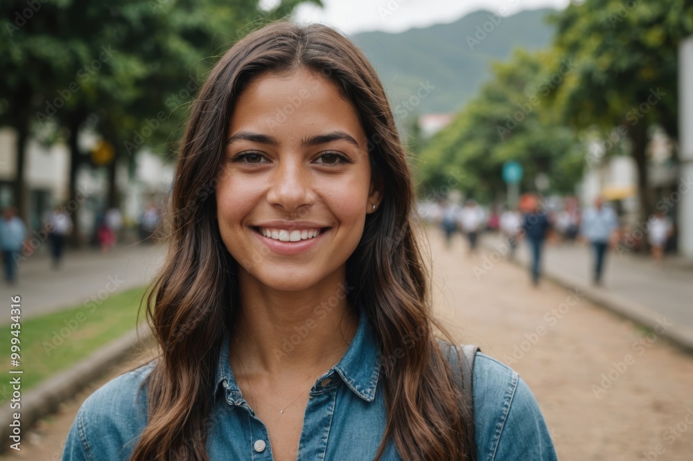 Close portrait of a smiling young Colombian woman looking at the camera, Colombian outdoors blurred background Close portrait of a smiling young Colombian woman looking at the camera, Colombian outdoors blurred background