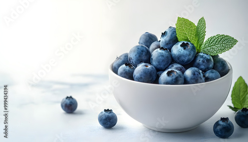 fresh blueberries in a white bowl with mint leaves on a light background