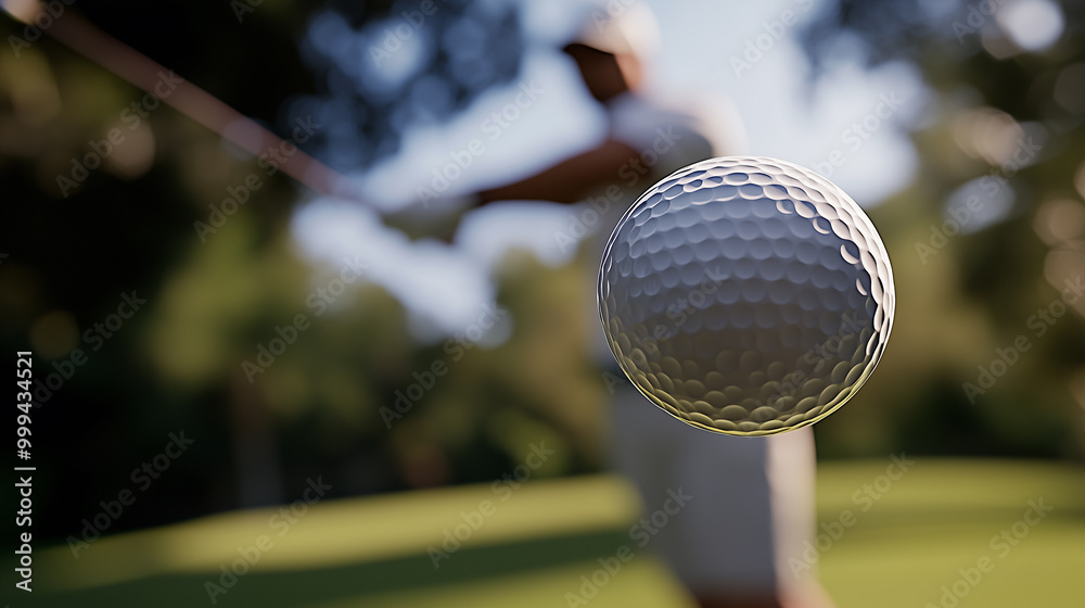 Close-up of a golf ball flying in mid-air on a golf course with a golfer standing in the background. Close-up of a golf ball flying in mid-air on a golf course with a golfer standing in the background.