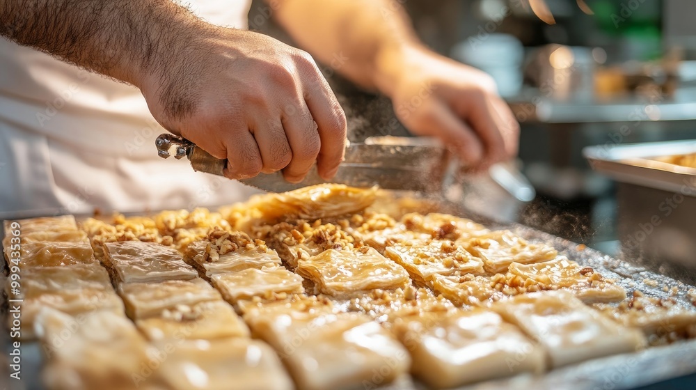 A restaurant's chef is creating baklava with almonds. A restaurant's chef is creating baklava with almonds.