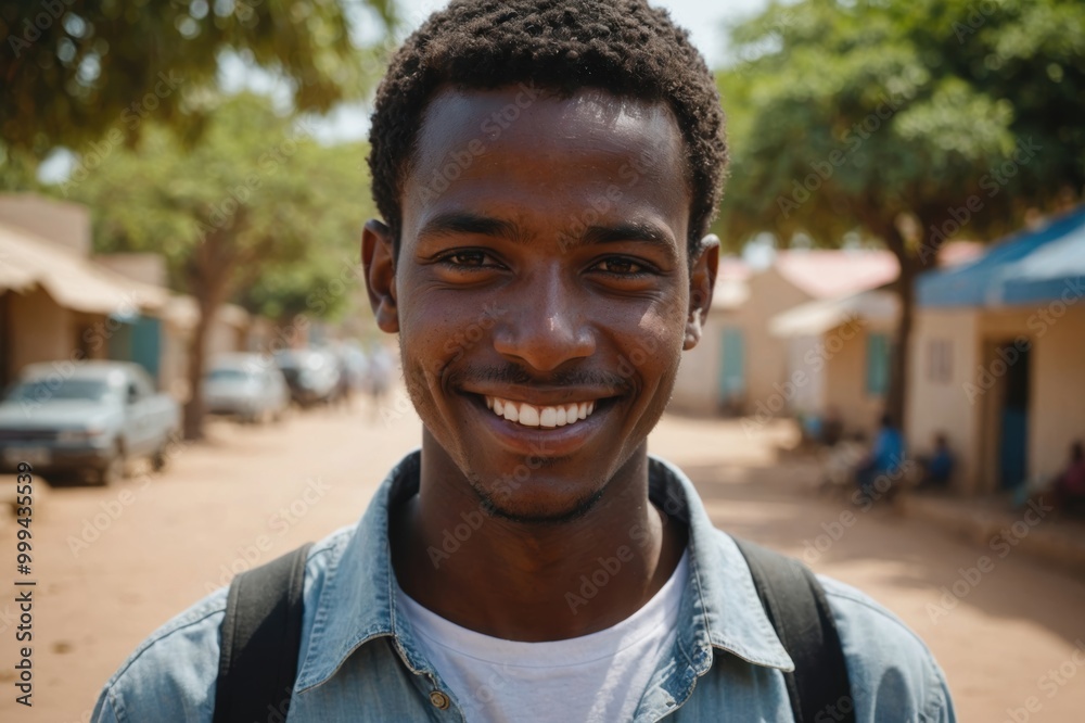 Close portrait of a smiling young Djiboutian man looking at the camera, Djiboutian outdoors blurred background Close portrait of a smiling young Djiboutian man looking at the camera, Djiboutian outdoors blurred background