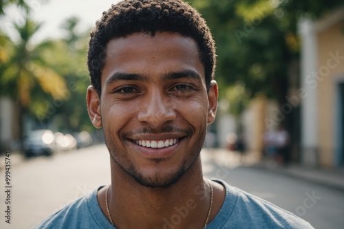 Close portrait of a smiling young Dominican man looking at the camera, Dominican outdoors blurred background