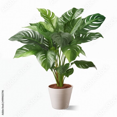 Green Monstera Plant in White Pot Isolated on White Background