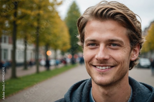 Close portrait of a smiling young Dutch man looking at the camera, Dutch outdoors blurred background