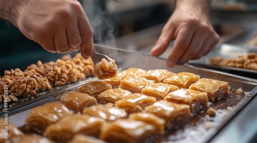 A restaurant's chef is creating baklava with almonds.