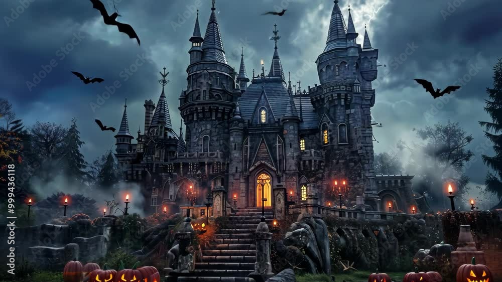 A spooky stone castle sits under a dark, cloudy sky on Halloween night A spooky stone castle sits under a dark, cloudy sky on Halloween night
