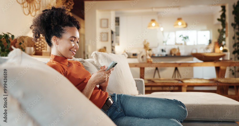 Phone, relax and smile with woman on sofa in living room of home for communication or social media. App, internet and wellness with happy African person in apartment for ecommerce or online shopping