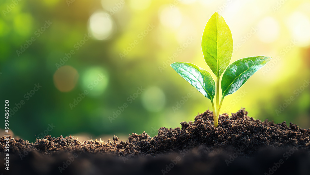 Young plant seedling emerging from soil with sunlight in the background. Young plant seedling emerging from soil with sunlight in the background.