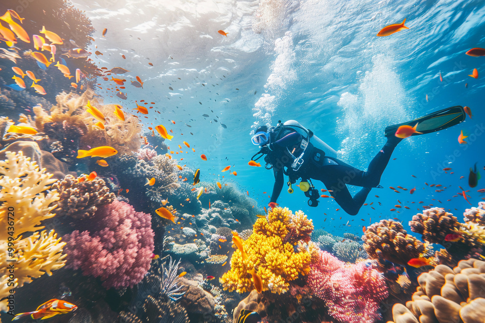 Beautiful diver goes on an underwater adventure in frighteningly deep sea