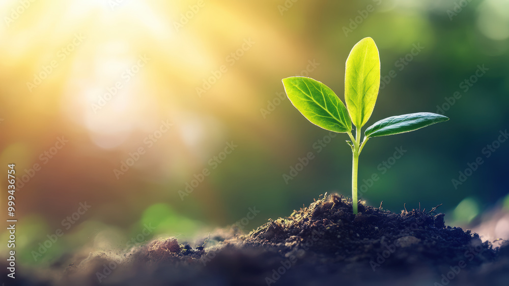 Young plant seedling emerging from soil with sunlight in the background. Young plant seedling emerging from soil with sunlight in the background.