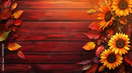 Vibrant Autumn Background with Sunflowers and Leaves on Wooden Texture