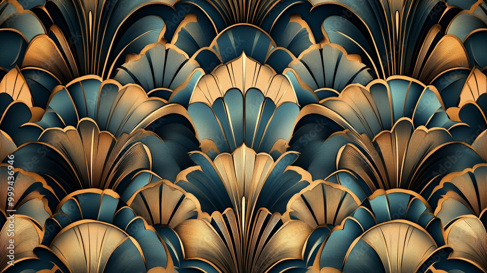 Elegant art deco pattern with gold and turquoise colors showcasing intricate fan shapes Elegant art deco pattern with gold and turquoise colors showcasing intricate fan shapes