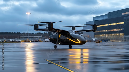 Black Electric Air Taxi on Runway at Dusk photo