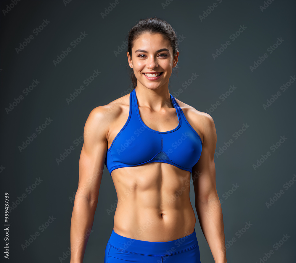A front-view image of a person in blue fitness attire, smiling confidently, showcasing a fit and toned body with an energetic pose. A front-view image of a person in blue fitness attire, smiling confidently, showcasing a fit and toned body with an energetic pose.