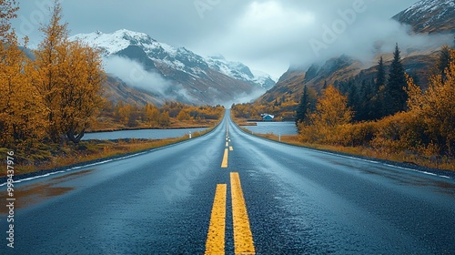 Empty Road Leading Through Misty Mountain Valley