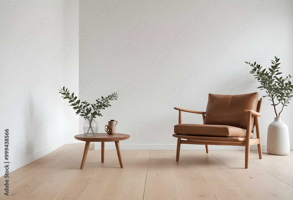 © Sharif54 - A minimalist living room with a wooden armchair, a low wooden coffee table, and a decorative branch in a vase on the floor.