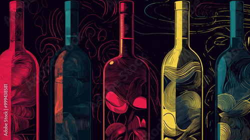 Set of vintage line art  with wine bottles, glasses and abstract texture. Vector illustration 