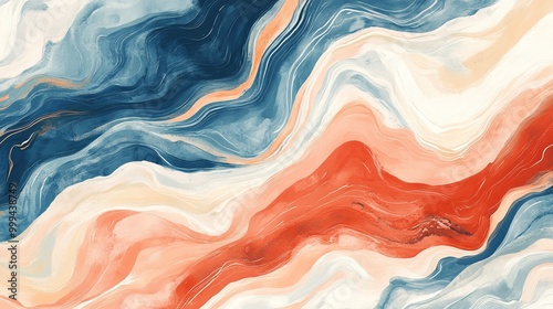Abstract waves of blue, orange, and white colors in fluid art design