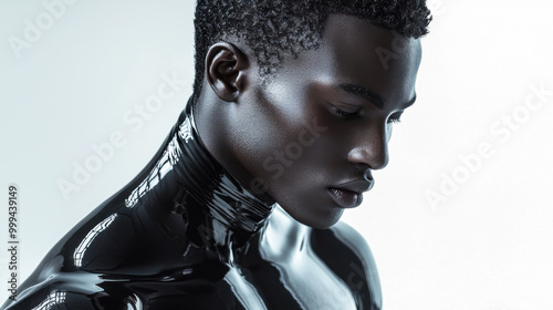 Portrait of a Black Man Wearing a Shiny, Black Latex Suit