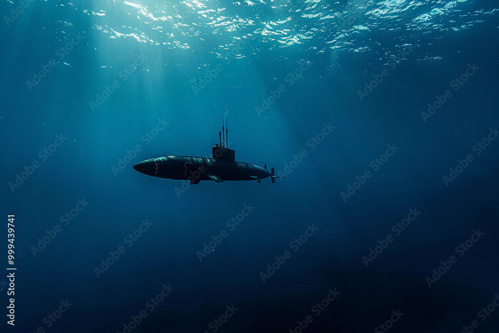 Fototapeta premium Beautiful large submarine floating in middle of ocean during mission