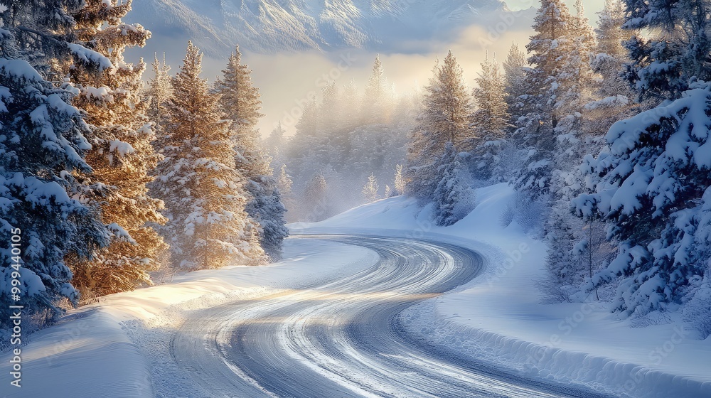 Obraz premium A snow-covered road curving gently through a forest of fir trees, their branches heavy with snow, with distant mountain peaks barely visible through the mist