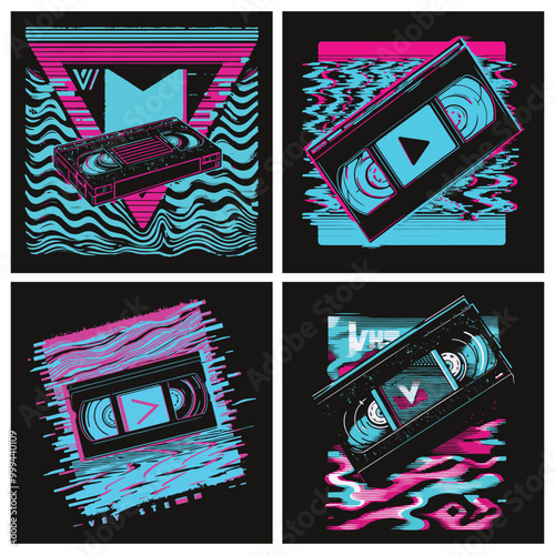 Retro VHS Glitch: Neon Nostalgia - Distorted Static Lines & Play Button Overlay in Neon Blue & Pink for a 90s Throwback T-Shirt Design