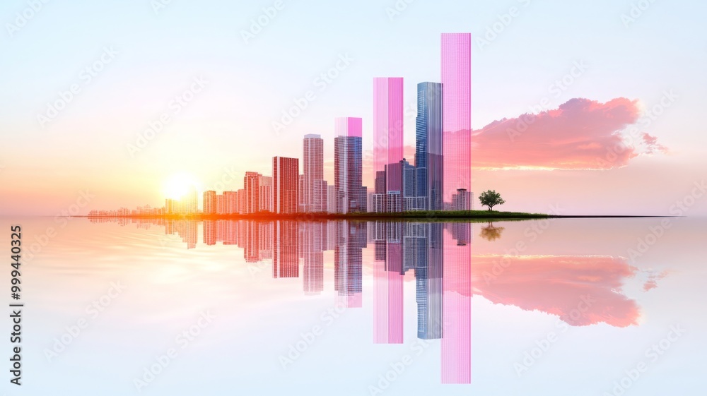 Fototapeta premium Modern Cityscape with Reflection and Sunset Colors