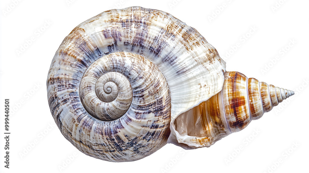 Detailed close-up of a large, spiral shell resting on a white surface in soft lighting Detailed close-up of a large, spiral shell resting on a white surface in soft lighting