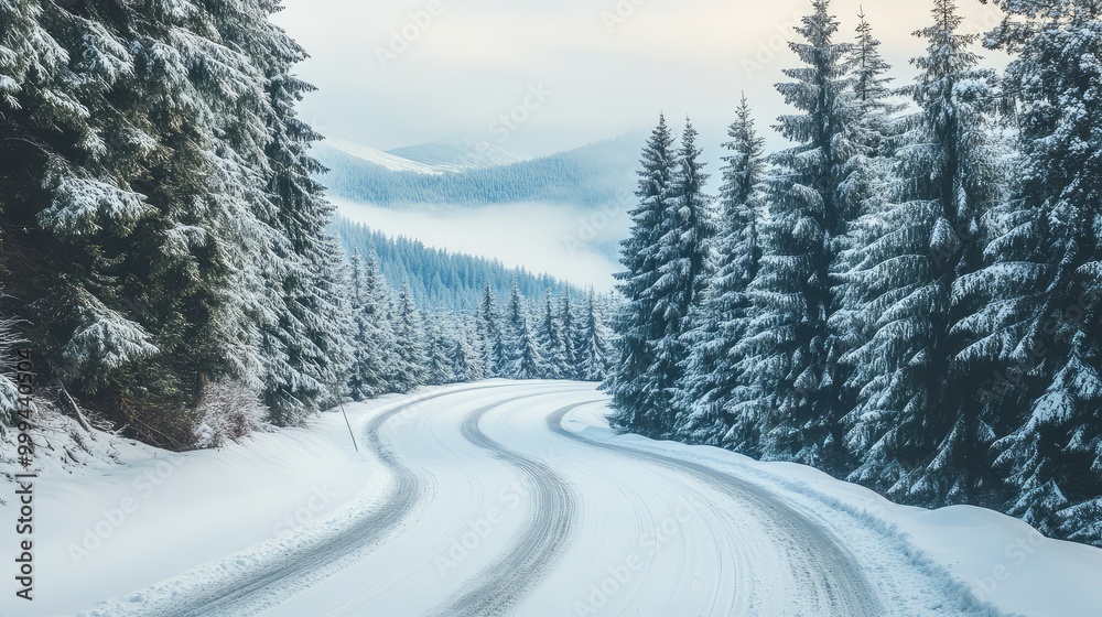 A snow-covered road curving gently through a forest of fir trees, their branches heavy with snow, with distant mountain peaks barely visible through the mist A snow-covered road curving gently through a forest of fir trees, their branches heavy with snow, with distant mountain peaks barely visible through the mist