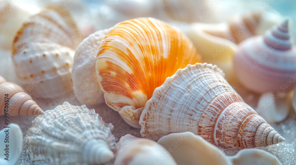 Colorful seashells arranged on a sandy beach, reflecting sunlight on a warm summer day Colorful seashells arranged on a sandy beach, reflecting sunlight on a warm summer day