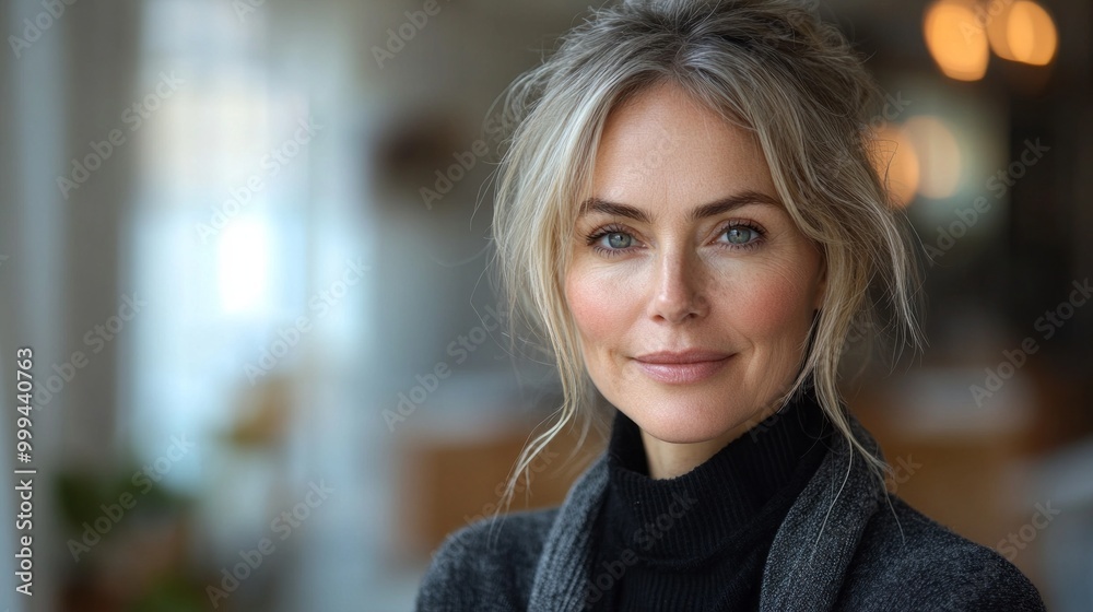 Obraz premium A woman with blonde hair and blue eyes is smiling for the camera