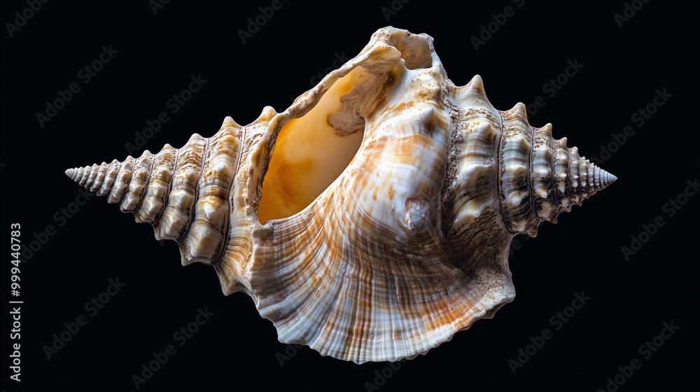 A detailed conch shell on a dark background, showcasing its vibrant natural colors A detailed conch shell on a dark background, showcasing its vibrant natural colors